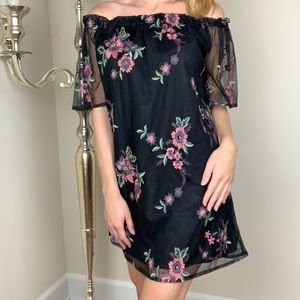 Off Shoulder Floral Embroidered Black Mesh Dress